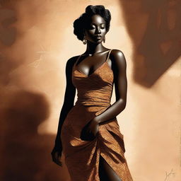 An elegant, high-resolution digital art piece features a beautiful dark-skinned woman