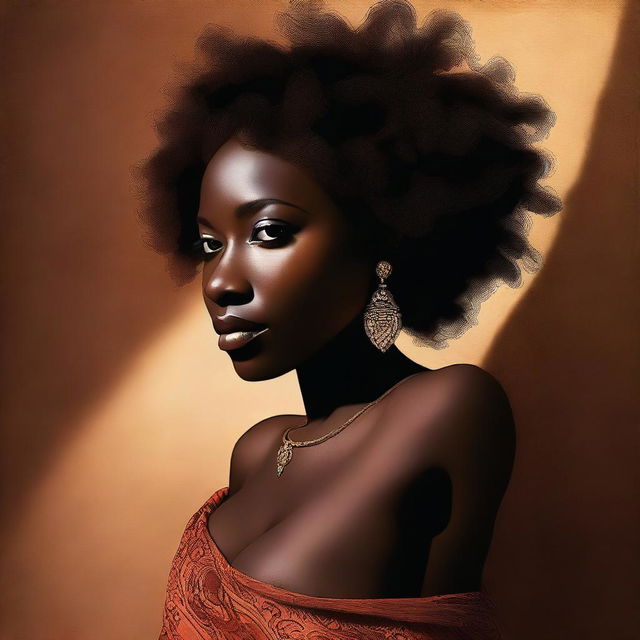 An elegant, high-resolution digital art piece features a beautiful dark-skinned woman