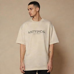 Create a stylish, beige, oversized t-shirt design for the brand 'AntiTypical', reflecting the trends of 2024. The t-shirt should have a unique design on the back and represent the ethos of the streetwear brand.