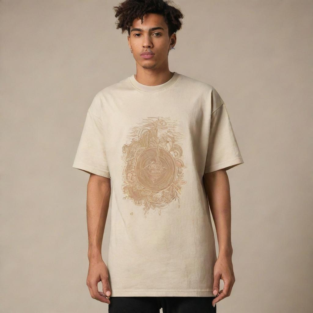 Create a stylish, beige, oversized t-shirt design for the brand 'AntiTypical', reflecting the trends of 2024. The t-shirt should have a unique design on the back and represent the ethos of the streetwear brand.