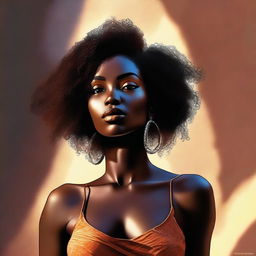 This is a high-quality digital art image featuring a stunning dark-skinned woman