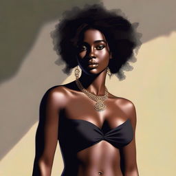 This is a high-quality digital art image featuring a stunning dark-skinned woman