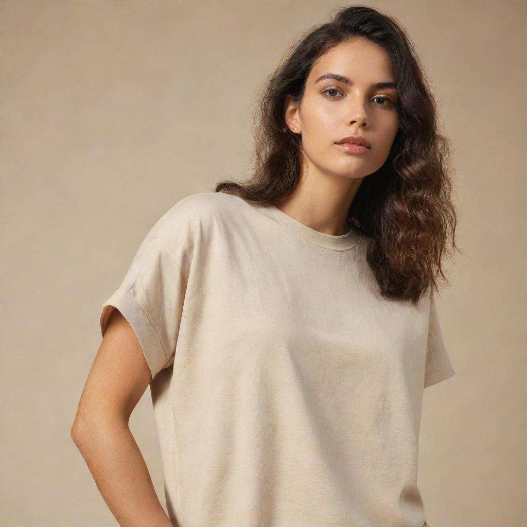 Design a chic, beige, oversized t-shirt for the brand 'AntiTypical', utilizing the fashion trends of 2024. Include creative and trendy designs on both front and back of the t-shirt that complement the brand's identity.