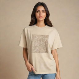 Design a chic, beige, oversized t-shirt for the brand 'AntiTypical', utilizing the fashion trends of 2024. Include creative and trendy designs on both front and back of the t-shirt that complement the brand's identity.