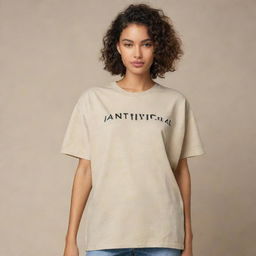 Design a chic, beige, oversized t-shirt for the brand 'AntiTypical', utilizing the fashion trends of 2024. Include creative and trendy designs on both front and back of the t-shirt that complement the brand's identity.