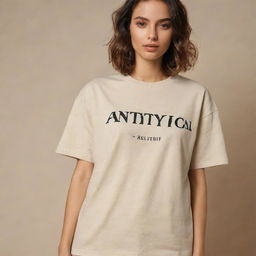 Design a chic, beige, oversized t-shirt for the brand 'AntiTypical', utilizing the fashion trends of 2024. Include creative and trendy designs on both front and back of the t-shirt that complement the brand's identity.