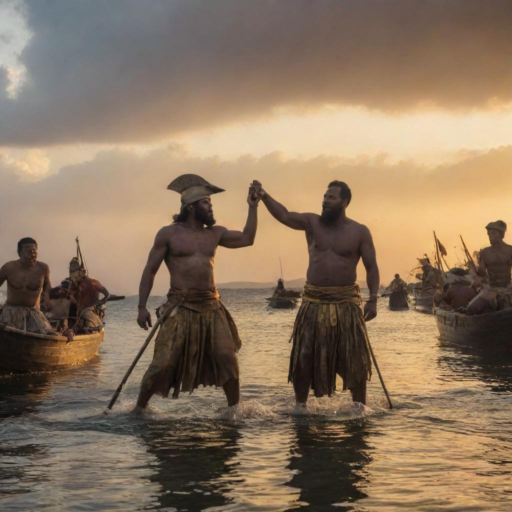 Capture the watershed moment of the Battle of Mactan, displaying Datu Lapu Lapu in the act of defeating Ferdinand Magellan. The event is intensified by the atmospheric lights and shadows cast by a reflective Mactan sunset.