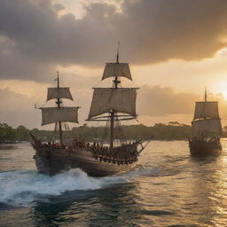 Capture the watershed moment of the Battle of Mactan, displaying Datu Lapu Lapu in the act of defeating Ferdinand Magellan. The event is intensified by the atmospheric lights and shadows cast by a reflective Mactan sunset.