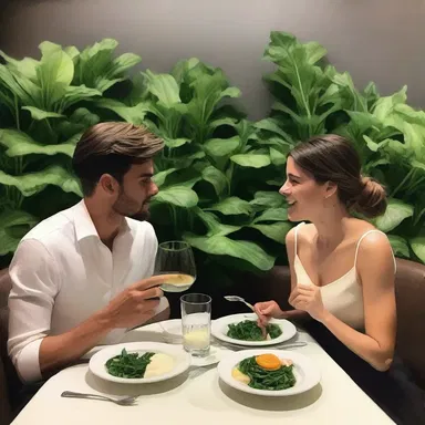 They shared a romantic dinner at a restaurant, indulging in a plate of tender greens.