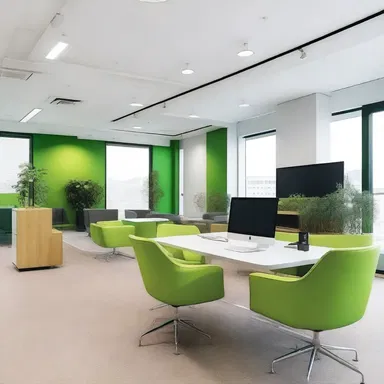 The modern office interior combines sleek minimalist design with vibrant pops of greens.
