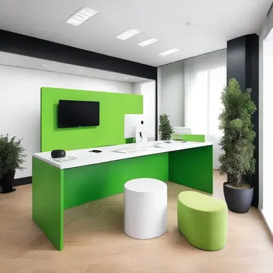 The modern office interior combines sleek minimalist design with vibrant pops of greens.