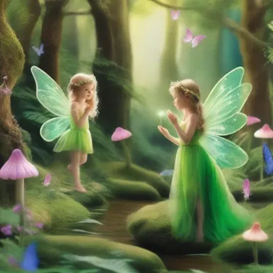 In the magical kingdom, fairies gather around lush green gardens filled with enchanted greens.