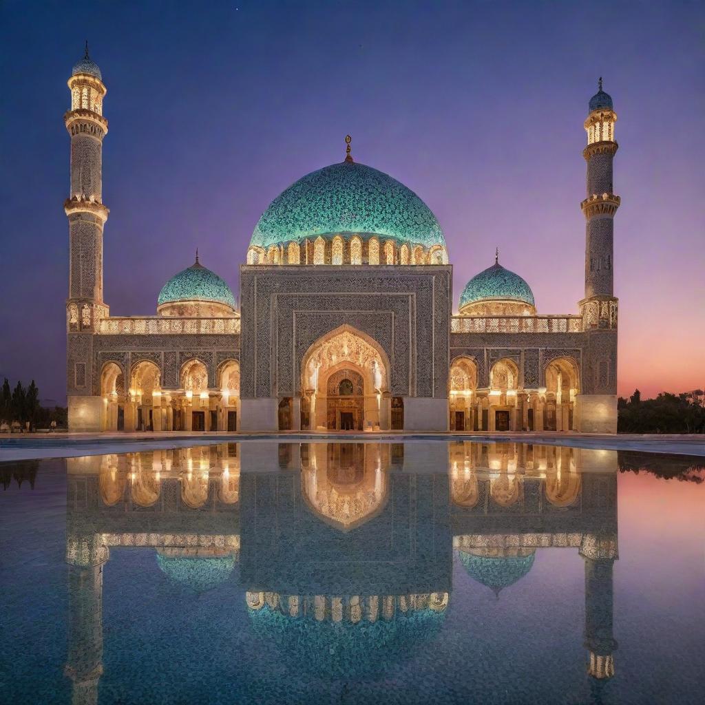 A beautiful mosque with intricate Islamic art, basked under a twilight sky, reflecting vibrant colors