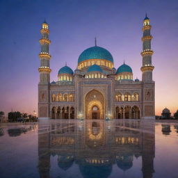 A beautiful mosque with intricate Islamic art, basked under a twilight sky, reflecting vibrant colors