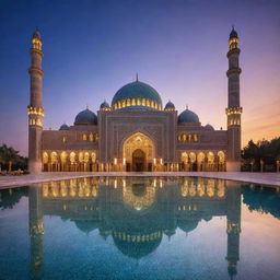 A beautiful mosque with intricate Islamic art, basked under a twilight sky, reflecting vibrant colors