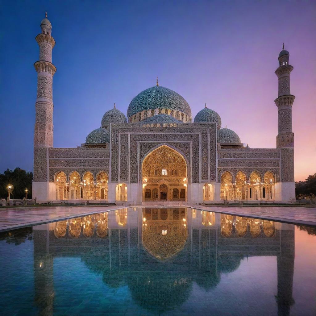 A beautiful mosque with intricate Islamic art, basked under a twilight sky, reflecting vibrant colors