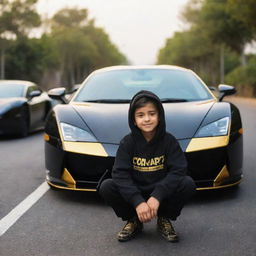 A boy named Anshu, wearing a black hoodie personalized with his name, is sitting on a road in front of a gleaming supercar featuring hues of gold and black.