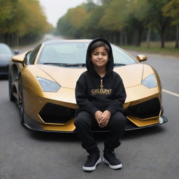 A boy named Anshu, wearing a black hoodie personalized with his name, is sitting on a road in front of a gleaming supercar featuring hues of gold and black.