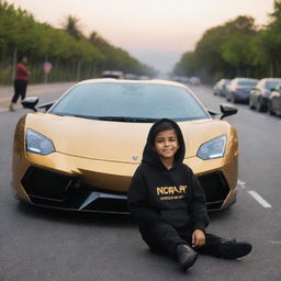 A boy named Anshu, wearing a black hoodie personalized with his name, is sitting on a road in front of a gleaming supercar featuring hues of gold and black.