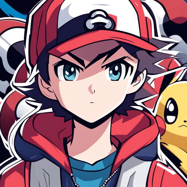 A high-quality digital art profile picture of a Pokemon Trainer, dressed in a red cap and blue jacket, with a determined look in their eyes