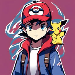 A high-quality digital art profile picture of a Pokemon Trainer, dressed in a red cap and blue jacket, with a determined look in their eyes