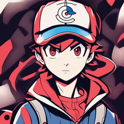 A high-quality digital art profile picture of a Pokemon Trainer, dressed in a red cap and blue jacket, with a determined look in their eyes