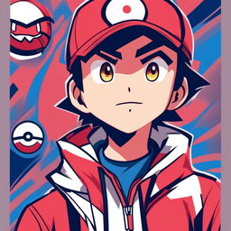 A high-quality digital art profile picture of a Pokemon Trainer, dressed in a red cap and blue jacket, with a determined look in their eyes