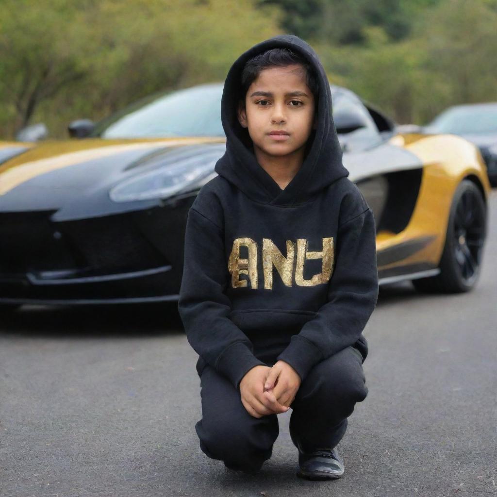 A boy wearing a black hoodie with the name 'Anshu' written on it, sitting on a road in front of a golden and black supercar.