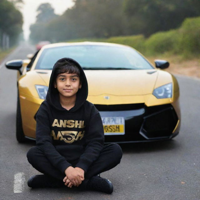 A boy wearing a black hoodie with the name 'Anshu' written on it, sitting on a road in front of a golden and black supercar.