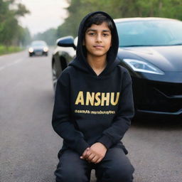 A boy wearing a black hoodie with the name 'Anshu' written on it, sitting on a road in front of a golden and black supercar.