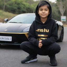 A boy wearing a black hoodie with the name 'Anshu' written on it, sitting on a road in front of a golden and black supercar.