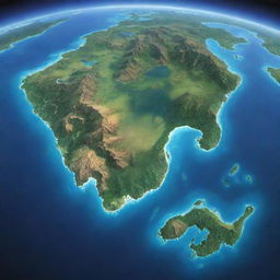 An intricate and detailed illustration of the supercontinent Pangaea, with lush greenery and vast oceans.