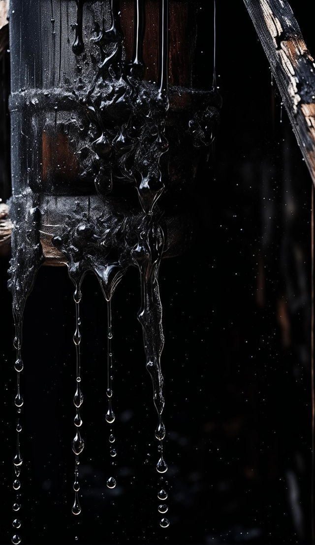 Ultra close-up, grainy photo of an old well bubbling with thick, shiny black goo in a grim setting.