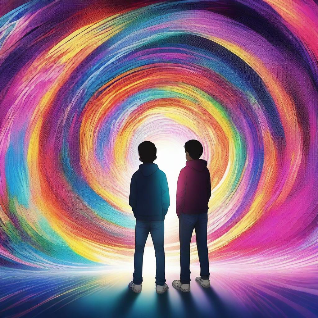 An image of three teenage boys standing in awe in front of a swirling time portal