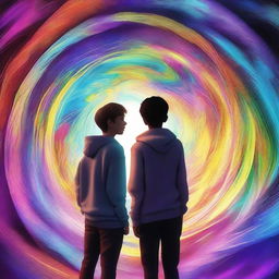 An image of three teenage boys standing in awe in front of a swirling time portal