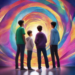 An image of three teenage boys standing in awe in front of a swirling time portal