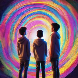 An image of three teenage boys standing in awe in front of a swirling time portal