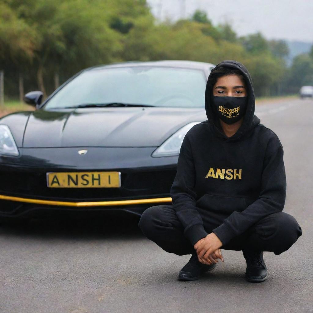 A boy wearing a black hoodie with the name 'Anshu' written on it and a mask, sitting on a road in front of a golden and black supercar.