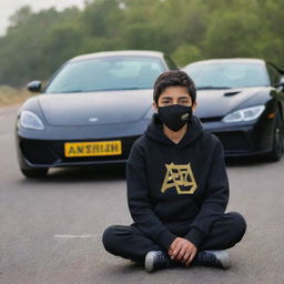 A boy wearing a black hoodie with the name 'Anshu' written on it and a mask, sitting on a road in front of a golden and black supercar.