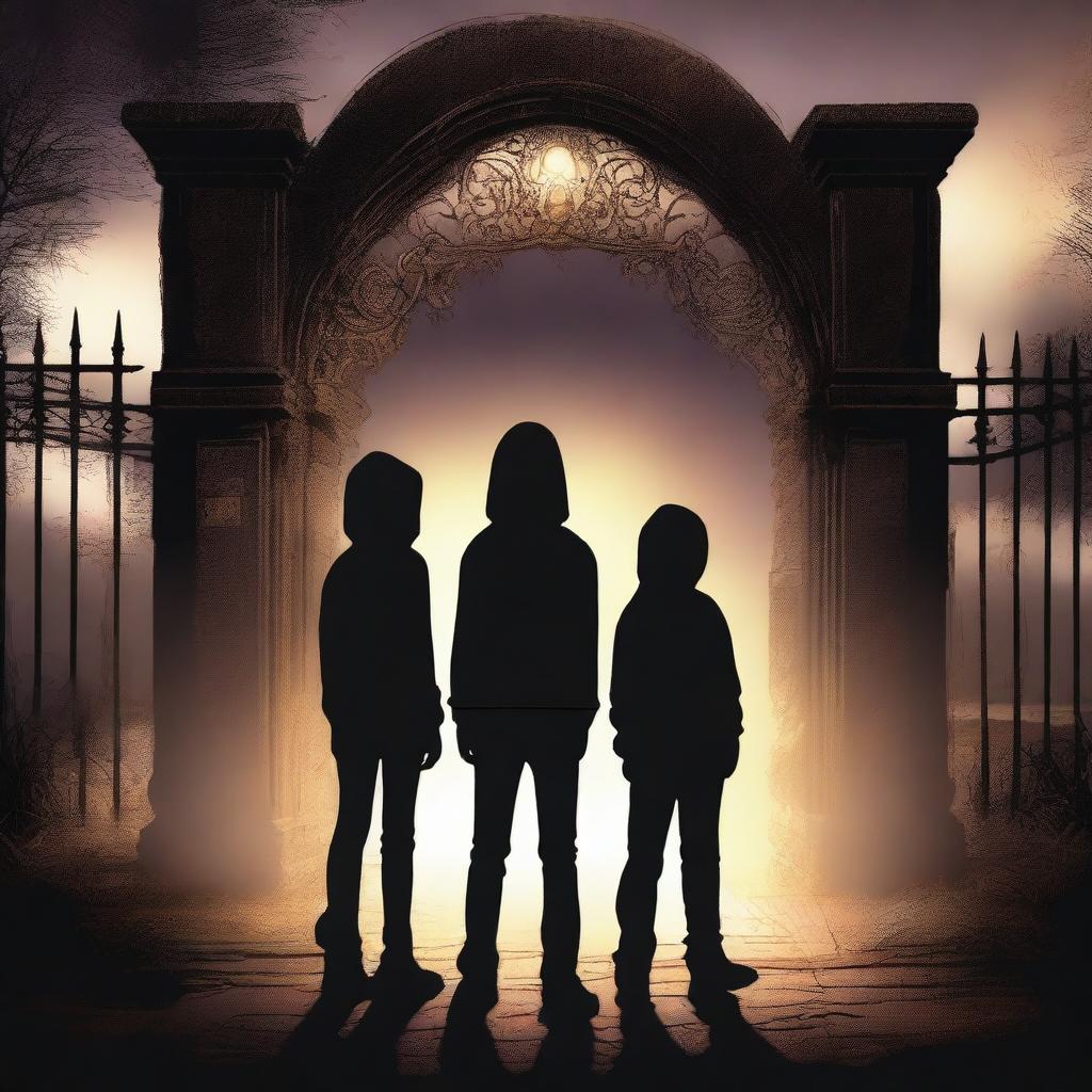 This is a high-quality digital art image depicting three teenage boys standing before a dark and enigmatic time gate