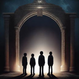 This is a high-quality digital art image depicting three teenage boys standing before a dark and enigmatic time gate