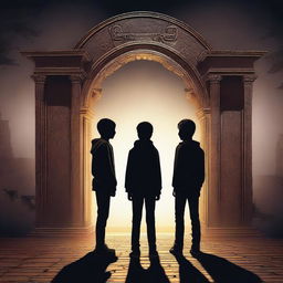 This is a high-quality digital art image depicting three teenage boys standing before a dark and enigmatic time gate