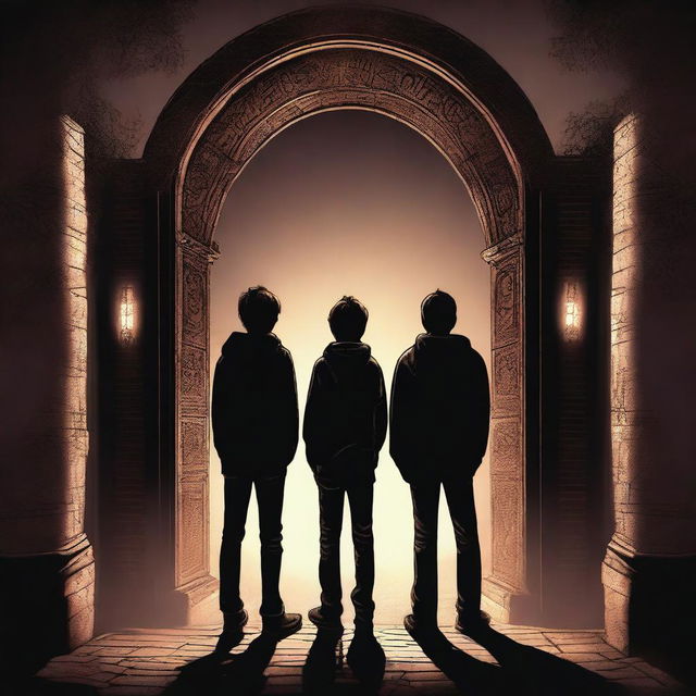 This is a high-quality digital art image depicting three teenage boys standing before a dark and enigmatic time gate