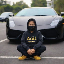 A boy wearing a black hoodie with the name 'Anshu' written on it and a mask, sitting on a road in front of a golden and black supercar.