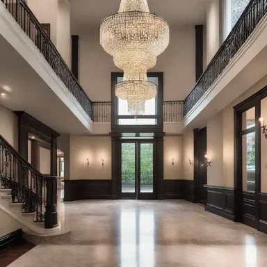 The grand chandelier in the hall acts as an oriflamme, captivating attention and setting the tone for the entire space.