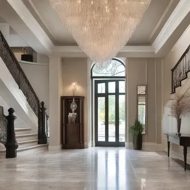 The grand chandelier in the hall acts as an oriflamme, captivating attention and setting the tone for the entire space.