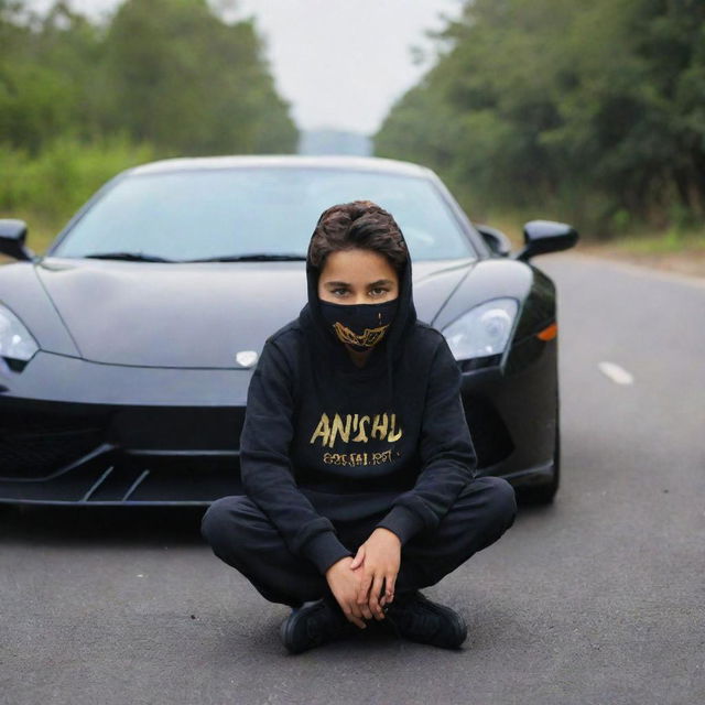 A boy wearing a black hoodie with the name 'Anshu' written on it and a mask, sitting on a road in front of a golden and black supercar.