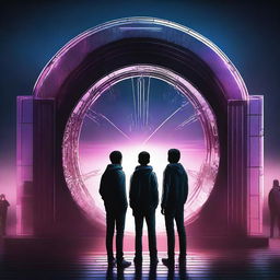 This high-resolution digital art image showcases three teenage boys standing before a dark, modern-style time gate