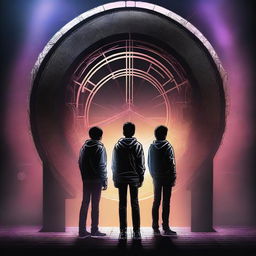 This high-resolution digital art image showcases three teenage boys standing before a dark, modern-style time gate