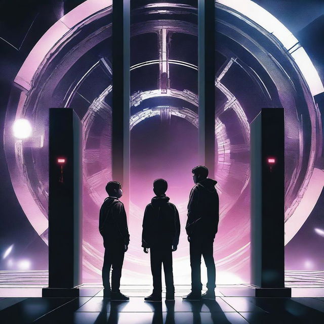 This high-resolution digital art image showcases three teenage boys standing before a dark, modern-style time gate